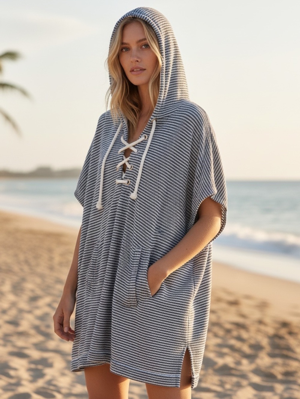 J. Crew Blue White Striped Oversized Lace Up Nautical Beach Hoodie| size XS/S